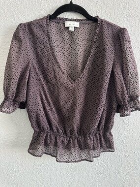 Topshop Sheer Polka Dot Blouse Women’s US 4 Brown Black Puff Sleeve Ruffle Hem